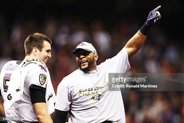 Joe Flacco and Ray Lewis of the Baltimore Ravens celebrate after the Ravens won 34-31 against the San Francisco 49ers during Super Bowl XLVII at the...