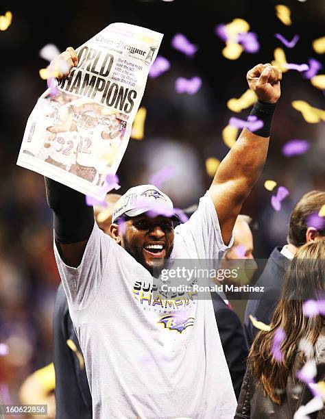 Ray Lewis of the Baltimore Ravens celebrates after the Ravens won 34-31 against the San Francisco 49ers during Super Bowl XLVII at the Mercedes-Benz...