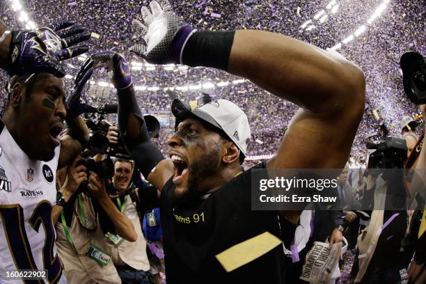 Ray Lewis of the Baltimore Ravens celebrates with teammate Jacoby Jones following their 34-31 win against the San Francisco 49ers during Super Bowl...