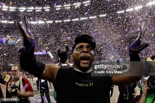 Ray Lewis of the Baltimore Ravens celebrates following their 34-31 win against the San Francisco 49ers during Super Bowl XLVII at the Mercedes-Benz...