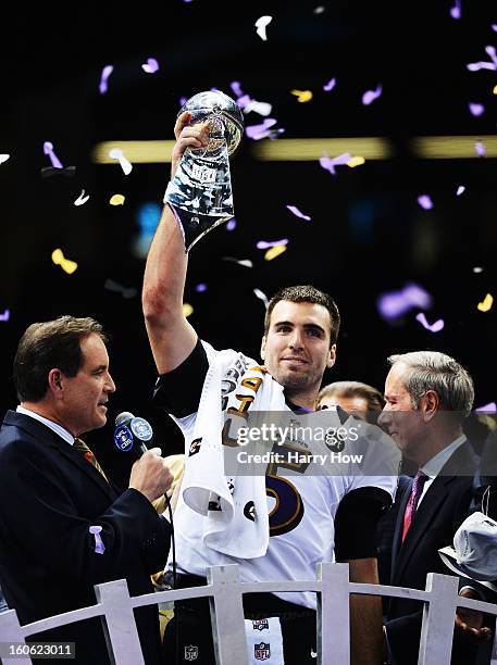 Super Bowl MVP Joe Flacco of the Baltimore Ravens celebrates with the Vince Lombardi trophy after the Ravens won 34-31 against the San Francisco...