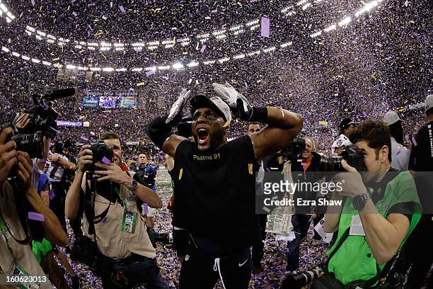 Ray Lewis of the Baltimore Ravens celebrates following their 34-31 win against the San Francisco 49ers during Super Bowl XLVII at the Mercedes-Benz...