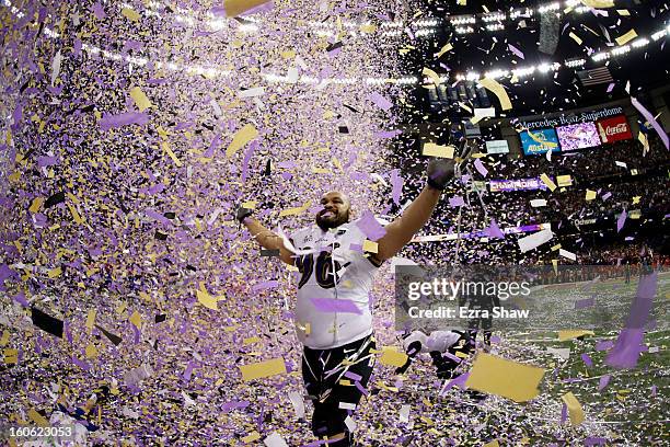 Ma'ake Kemoeatu of the Baltimore Ravens celebrates after defeating the San Francisco 49ers during Super Bowl XLVII at the Mercedes-Benz Superdome on...