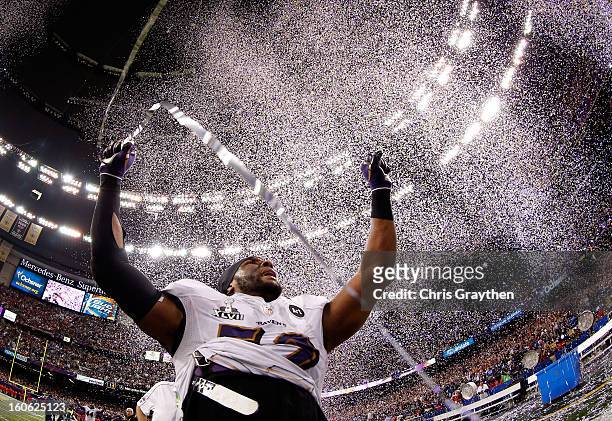 Ray Lewis of the Baltimore Ravens celebrates after defeating the San Francisco 49ers during Super Bowl XLVII at the Mercedes-Benz Superdome on...
