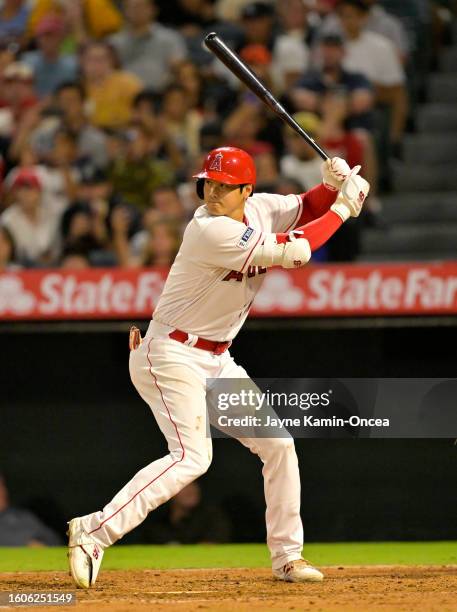 Shohei Ohtani of the Los Angeles Angels at bat against the San Francisco Giants of Anaheim on August 9, 2023 in Anaheim, California.