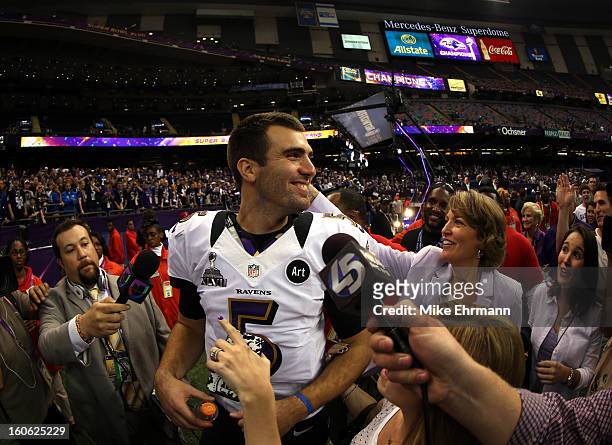 Joe Flacco of the Baltimore Ravens reacts after defeating the San Francisco 49ers during Super Bowl XLVII at the Mercedes-Benz Superdome on February...