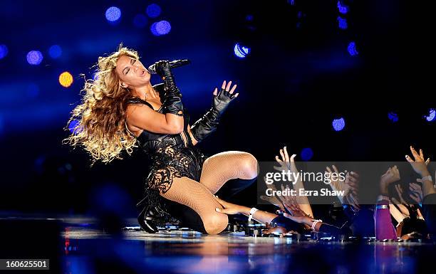 Singer Beyonce performs during the Pepsi Super Bowl XLVII Halftime Show at the Mercedes-Benz Superdome on February 3, 2013 in New Orleans, Louisiana.