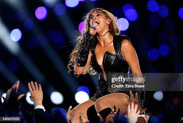 Singer Beyonce performs during the Pepsi Super Bowl XLVII Halftime Show at the Mercedes-Benz Superdome on February 3, 2013 in New Orleans, Louisiana.