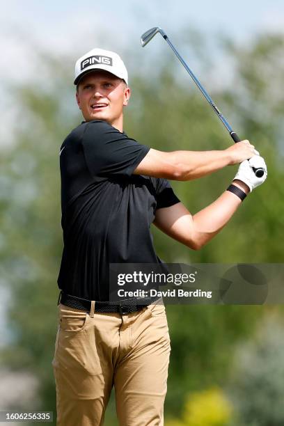 William Mouw of the United States plays his tee shot on the sixth hole during the first round of the Pinnacle Bank Championship presented by Aetna at...