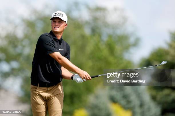 William Mouw of the United States watches his tee shot on the sixth hole during the first round of the Pinnacle Bank Championship presented by Aetna...