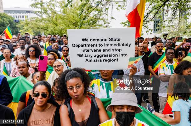Members of the Washington DC Ethiopian community demonstrate outside of the U.S. State Department to protest attacks by the Ethiopian government on...