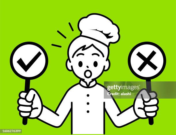 stockillustraties, clipart, cartoons en iconen met a chef boy with right and wrong signs, true-false questions, and yes-no questions, looking at the viewer, with a minimalist style, black and white outline - spelregels