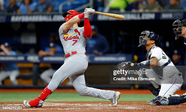 Andrew Knizner of the St. Louis Cardinals hits a two run home run in the fourth inning during a game against the Tampa Bay Rays at Tropicana Field on...