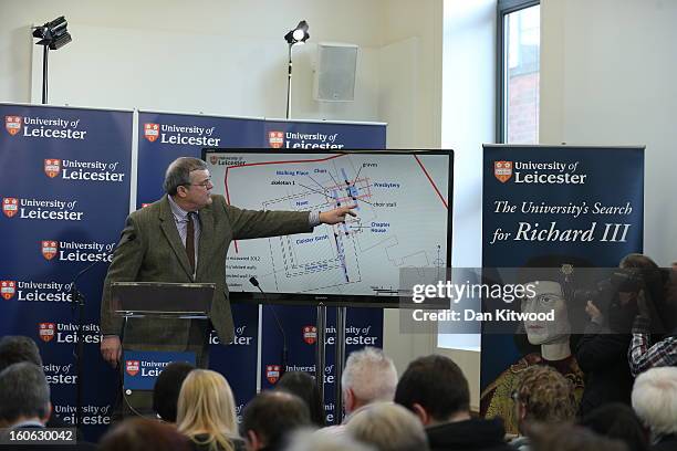 Lead archaeologist Richard Buckley, speaks at a press conference at the University Of Leicester as archaeologists announce whether the human remains...