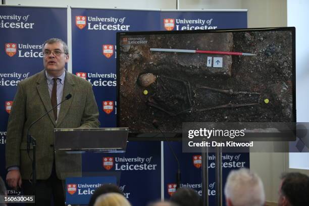 Lead archaeologist Richard Buckley, speaks at a press conference at the University Of Leicester as archaeologists announce whether the human remains...
