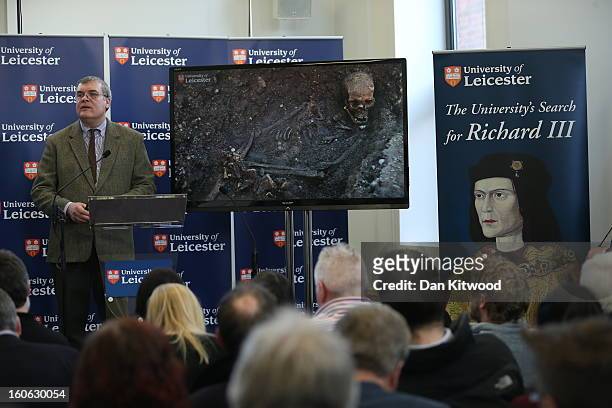 Lead archaeologist Richard Buckley, speaks at a press conference at the University Of Leicester as archaeologists announce whether the human remains...