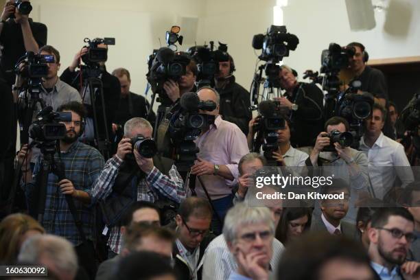 Members of the media attend a press conference at University Of Leicester as archaeologists announce whether the human remains found in Leicester are...