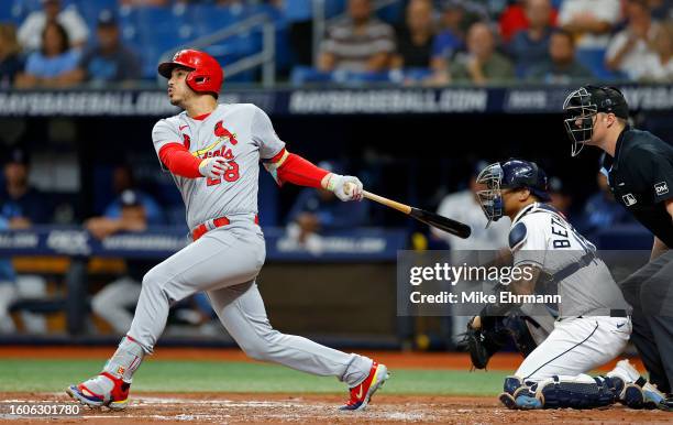 Nolan Arenado of the St. Louis Cardinals hits in the fourth inning during a game against the Tampa Bay Rays at Tropicana Field on August 10, 2023 in...