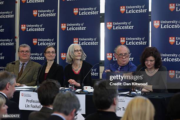 Lead archaeologist Richard Buckley, Dr Jo Appleby, Professor Lin Foxhall, Professor Kevin Schuerer and Dr Turi King attend a press conference at...