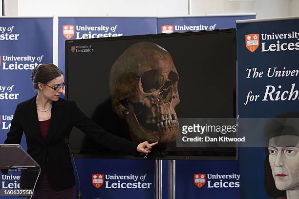 Dr Jo Appleby speaks during a press conference at University Of Leicester as archaeologists announce whether the human remains found in Leicester are...