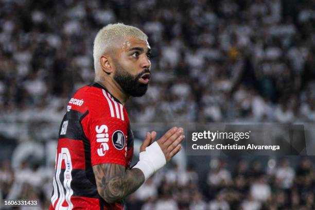 Gabriel Barbosa of Flamengo reacts during a Copa CONMEBOL Libertadores 2023 round of sixteen second leg match between Olimpia and Flamengo at Estadio...