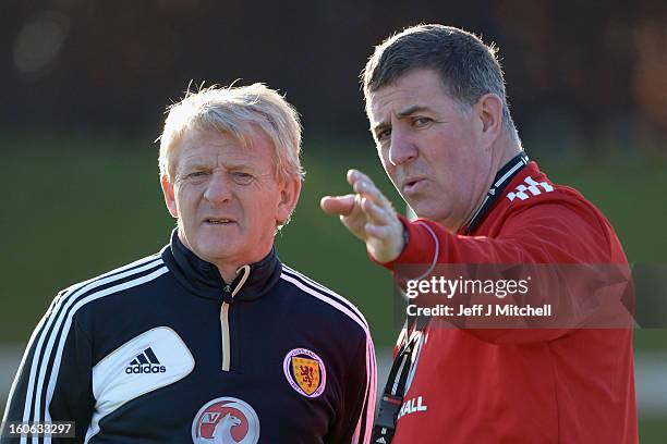 Gordon Strachan coach of Scotland and his assistant Mark McGhee take their first training session as the new management team of Scotland at the...