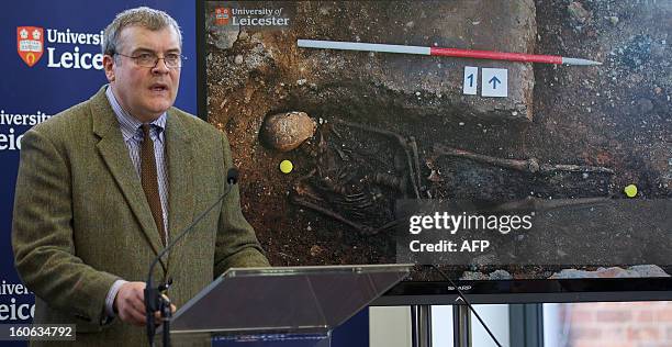 Archaeologist Richard Buckley addresses a press conference at Leicester University in central england, on February 4 in front of a picture of King...