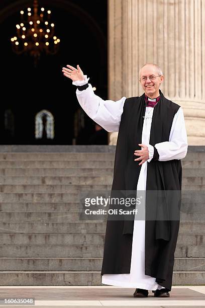 The new Archbishop Of Canterbury Justin Welby leaves St Paul’s Cathedral after being confirmed into the post of Archbishop on February 4, 2013 in...