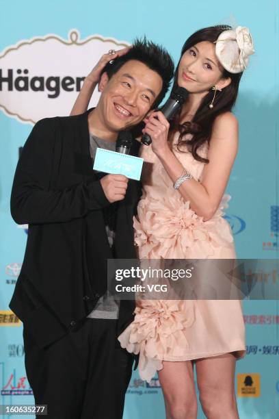 Actress Chiling Lin and actor Huang Bo attend "101st Marriage Proposal" press conference on February 4, 2013 in Beijing, China.