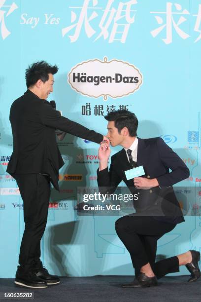 Actors Huang Bo and Godfrey Gao attend "101st Marriage Proposal" press conference on February 4, 2013 in Beijing, China.