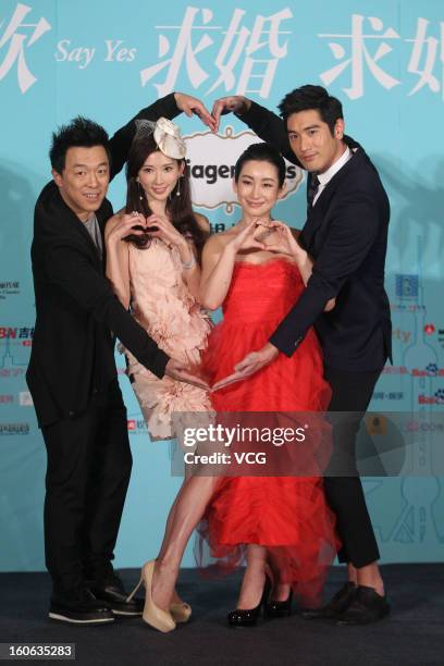 Actor Huang Bo, actress Chiling Lin, actress Qin Hailu and actor Godfrey Gao attend "101st Marriage Proposal" press conference on February 4, 2013 in...