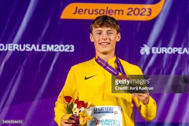Gold medal winner Amadeus Graber of Germany, poses with medal during medal ceremony after Men's Decathlon 1500m during European Athletics U20...
