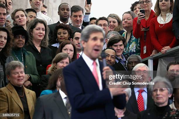 Secretary of State John Kerry delivers remarks to employees in the C Street Lobby during his first day at the State Department February 4, 2013 in...