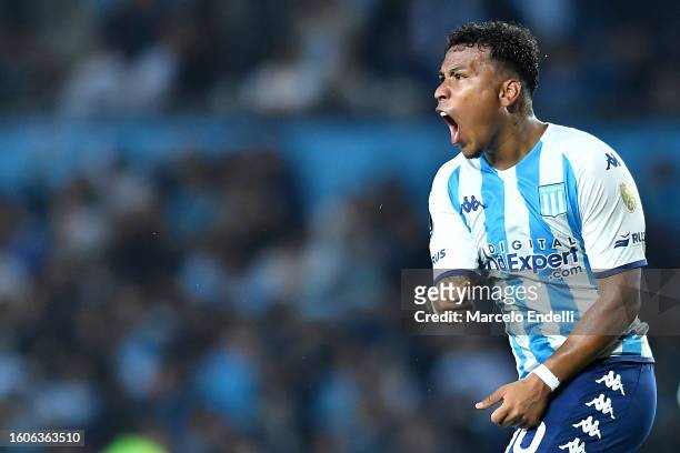 Roger Martínez of Racing Club celebrates after scoring the team's first goal during a Copa CONMEBOL Libertadores 2023 round of sixteen second leg...