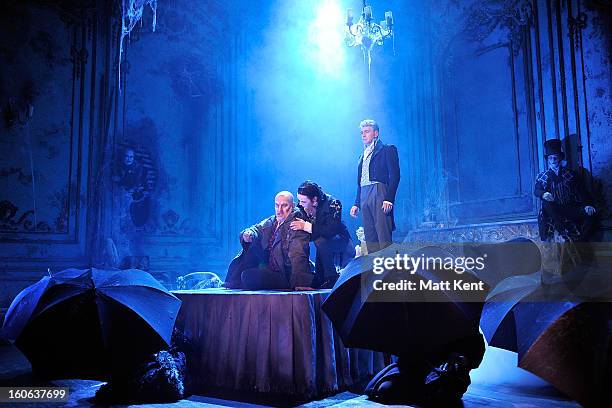 Chris Ellison as Magwich, Taylor Jay-Davies as Young Pip and Paul Nevison as Adult Pip pose during a photcall for 'Great Expectations' at Vaudeville...