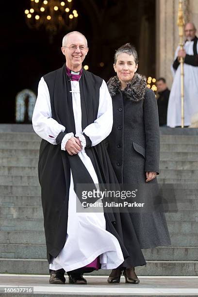 The Most Revd Justin Welby, and his wife Caroline, leave a public service at St Paul's Cathedral to confirm his election as The new Archbishop of...