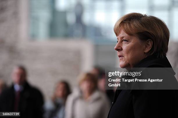 German Chancellor Angela Merkel awaits Spanish Prime Minister Mariano Rajoy at the Chancellery on February 4, 2013 in Berlin, Germany. The German and...