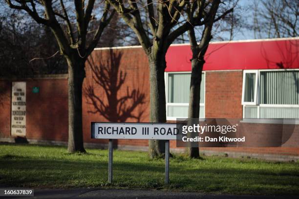 General view of a King Richard III road sign near to Leicester Catherdral, close to where the body of Richard III was discovered, on February 4, 2013...