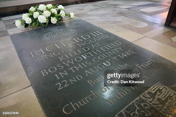 Flowers sit on a memorial stone marking the death of King Richard III inside Leicester Catherdral, close to where the body of Richard III was...