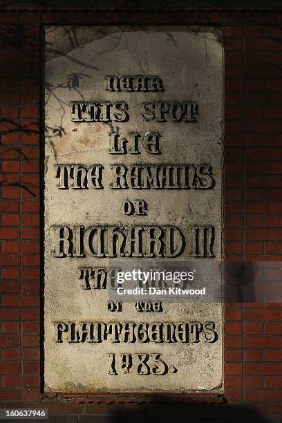 Stone plaque incorrectly claiming to mark the spot where the remains of King Richard III lie near Leicester Catherdral, on February 4, 2013 in...