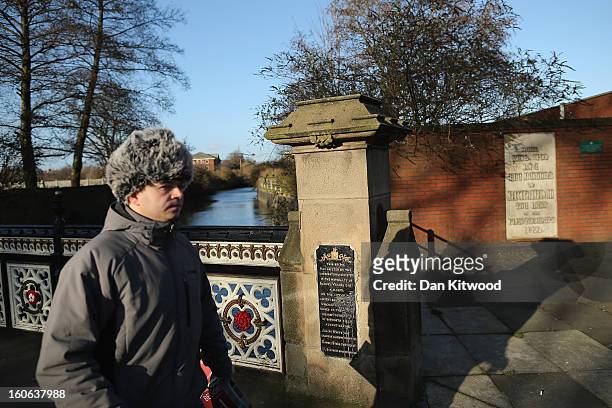 Man walks over a bridge where it is believed that King Richard III marched his men over to the Battle of Bosworth, near Leicester Catherdral, on...