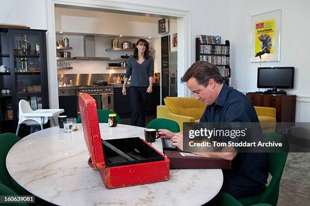 British Prime Minister David Cameron and his wife Samantha at home in the apartment above 11 Downing Street, where they live with their 3 children,...