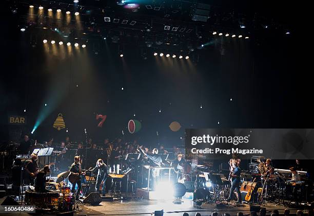 Norwegian experimental jazz group Jaga Jazzist performing live on stage with the Britten Sinfonia chamber orchestra at the Barbican Centre in London,...