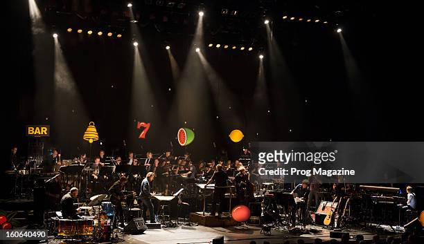 Norwegian experimental jazz group Jaga Jazzist performing live on stage with the Britten Sinfonia chamber orchestra at the Barbican Centre in London,...