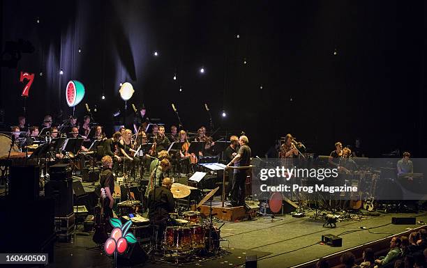 Norwegian experimental jazz group Jaga Jazzist performing live on stage with the Britten Sinfonia chamber orchestra at the Barbican Centre in London,...