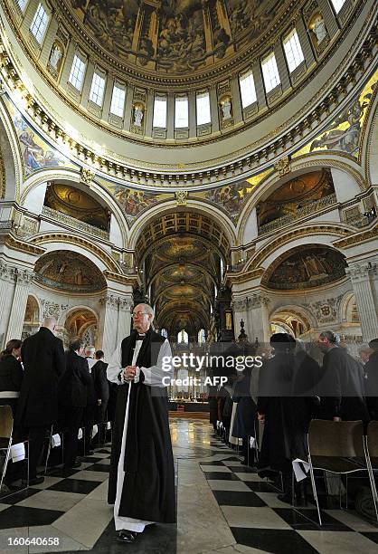 The new Archbishop of Canterbury Justin Welby leaves at the emd of a ceremony confirming his election as Archbishop at St Paul's Catheral in central...