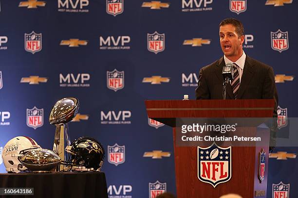 Head coach John Harbaugh of the Baltimore Ravens speaks during the Super Bowl XLVII Team Winning Coach and MVP Press Conference at the Ernest N....
