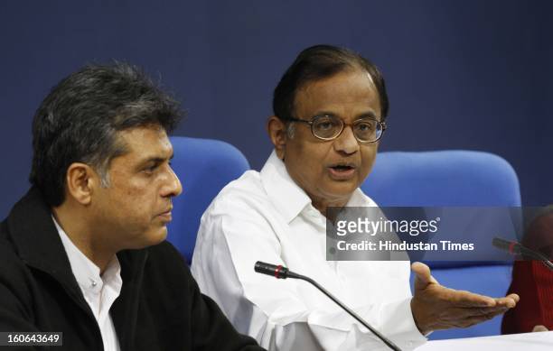 Union Finance Minister P. Chidambaram with Manish Tewari Union minister of State for Information and Broadcasting at press Conference on February 4,...