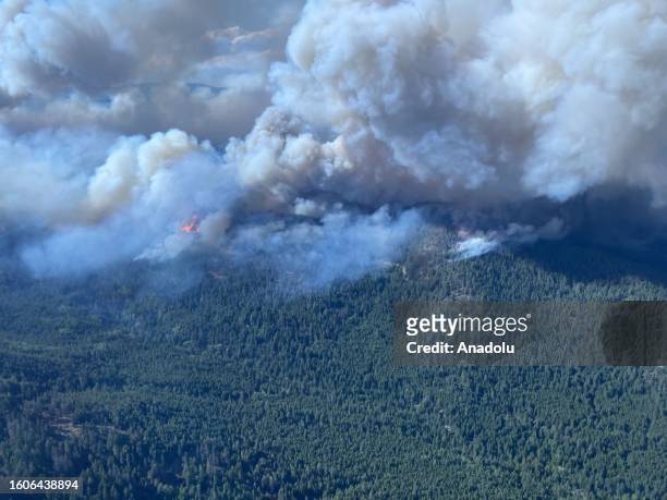 An aerial view of McDougall Creek wildfire located approximately 10 kilometres northwest of West Kelowna, British Columbia, Canada on August 17, 2023.