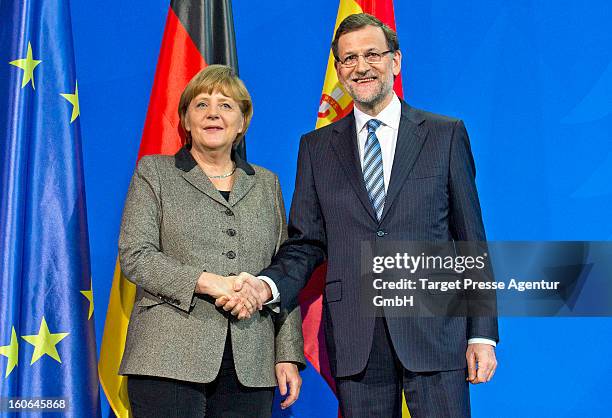 German Chancellor Angela Merkel receives Spanish Prime Minister Mariano Rajoy at the Chancellery on February 4, 2013 in Berlin, Germany. Topics of...
